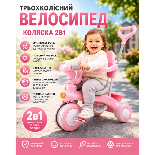 Рожевий триколісний велосипед Baby Carriage 588 / Велосипед з батьківською ручкою і кошиком/Велосипед-коляска
