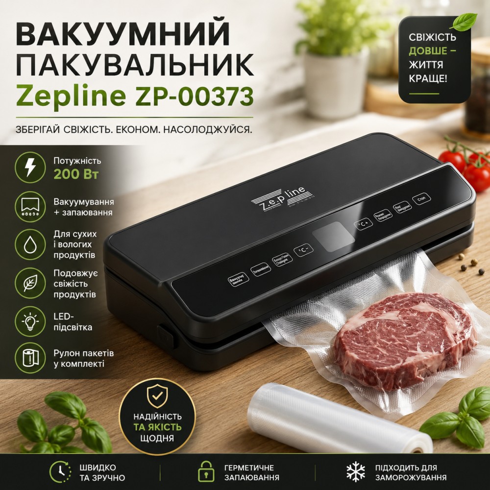 Вакуумний пакувальник для продуктів 200 Вт з LED-підсвіткою і рулоном пакетів, Zepline ZP-00373/ Кухонний вакууматор для м'яса