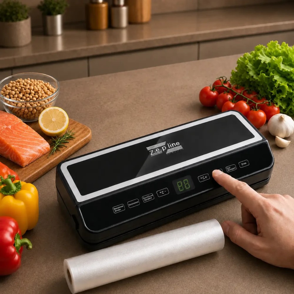 Вакууматор 35 см із рулоном пакетів, LED, 200 Вт, ZP-00374, Чорний/Вакуумний пакувальник із різаком для сухих і вологих продуктів