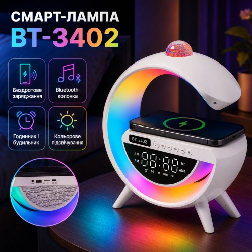 Настільна RGB лампа з колонкою, дискошаром та бездротовою зарядкою, BT 3402, Біла / Розумна лампа нічник / Смарт лампа