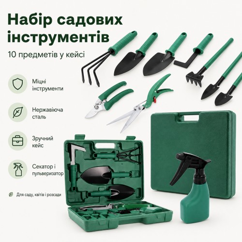 Набір садових інструментів 10 шт. у валізі, Зелений/ Садовий інструмент/Основники для саду/ Садовий інвентар