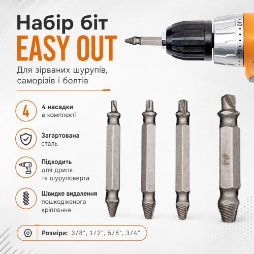 Набір насадок на шуропокрут 4 шт EASY OUT s2, Сірий/Набір ремонтних екстракторів біт