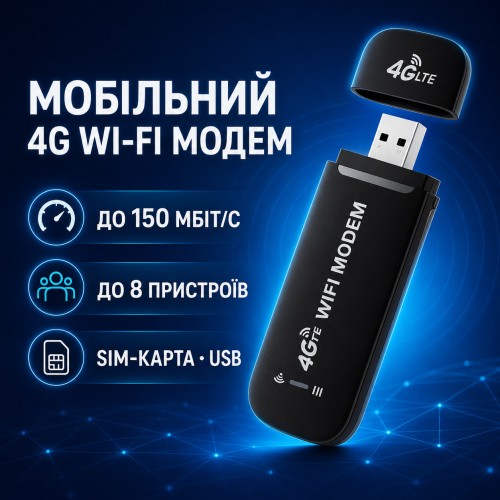 4G USB-модем, 150 Мбіт, Чорний/с, радіус 15 м/ Мобільний модем 4G/WiFi модем портативний