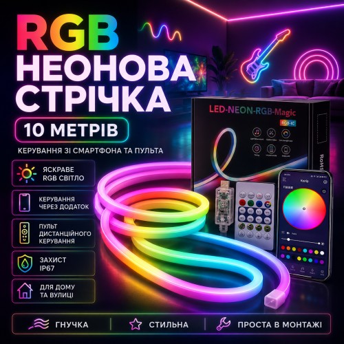 Розумна неонова стрічка від USB, 10 м, пульт + Bluetooth, Rgb/RGB стрічка/Гнучкий неон/Міжий неон/Дінка світлодіодна