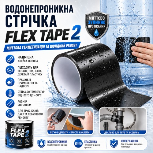 Водонепроникна ізоляційна стрічка 200×10 см, Flex Tape 2, Чорний/ Універсальний ремонтний скотч/Клейка стрічка надміцна