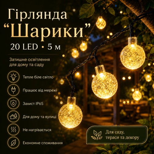 Вулична гірлянда від мережі 20 Led, 5 м, Білий/LED гірлянда кульки на дерево/Гірлянда світлодіодна