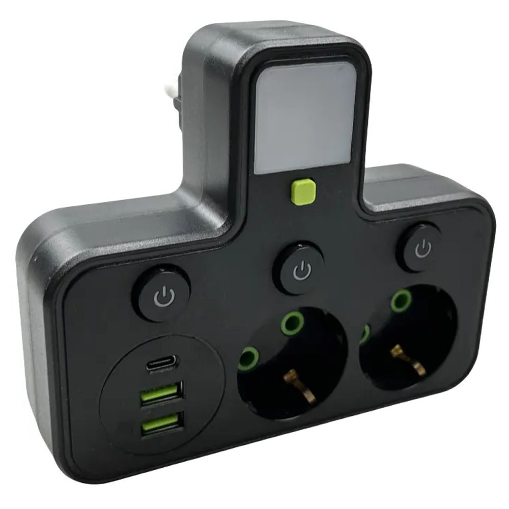 Мережевий фільтр з підсвіткою 2500 Вт, 2 розетки, 2xUSB + Type-C, HG-275, Чорний/розгалужувач у розетку / Мережевий трійник