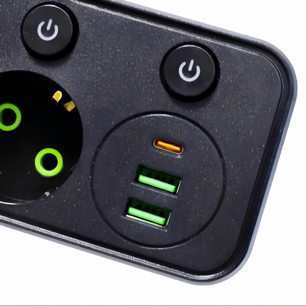 Мережевий фільтр з підсвіткою 2500 Вт, 2 розетки, 2xUSB + Type-C, HG-275, Чорний/розгалужувач у розетку / Мережевий трійник