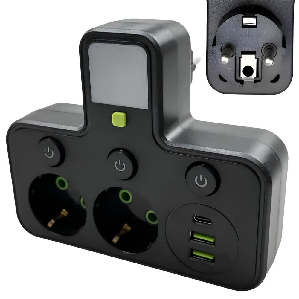 Мережевий фільтр з підсвіткою 2500 Вт, 2 розетки, 2xUSB + Type-C, HG-275, Чорний/розгалужувач у розетку / Мережевий трійник