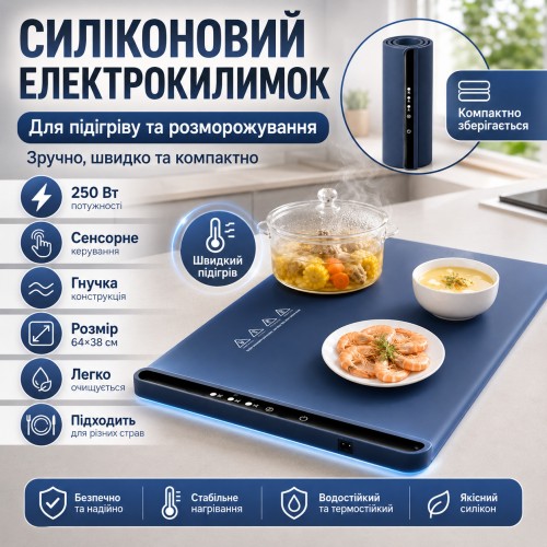 Електрокилимок для підігрівання їжі силіконовий, 64x38 см, 250W, Синій/Крижаний килимок/Термоковрик для посуду
