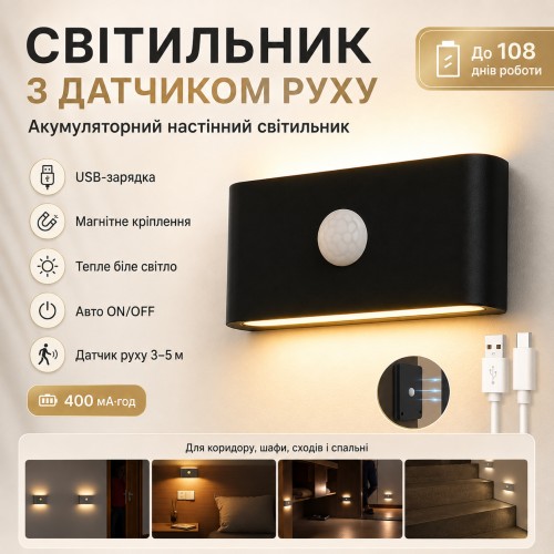 Настінний світильник із датчиком руху, від USB (9,8х5,5 см) Чорний/Акумуляторний світильник на стіну