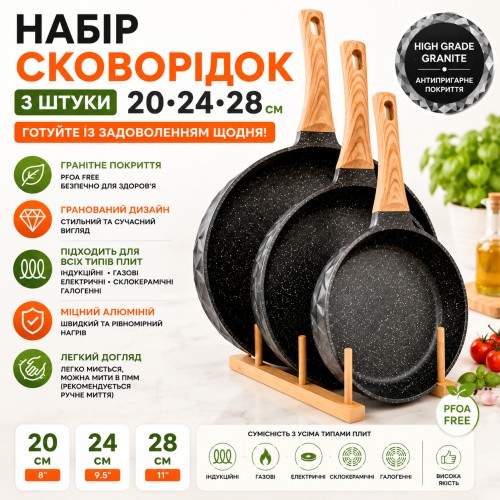 Набір сковорідок (3 шт), 20-24-28 см, гранітне покриття, гранований дизайн, без кришок