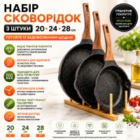 Набір сковорідок, 3 шт. 20-24-28 см, з гранітним покриттям, без кришок. Чорний (BW2-21)
