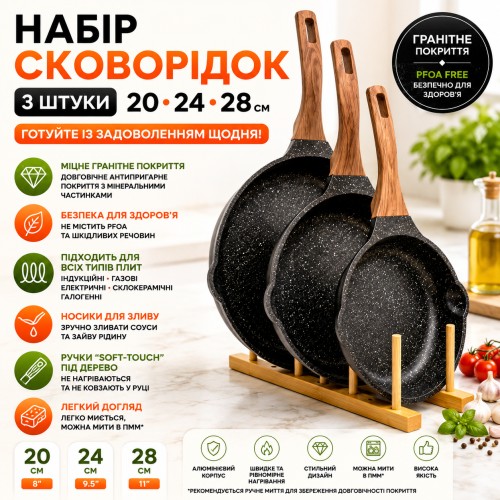 Набір сковорідок, 3 шт. 20-24-28 см, з гранітним покриттям, без кришок. Чорний (BW2-21)