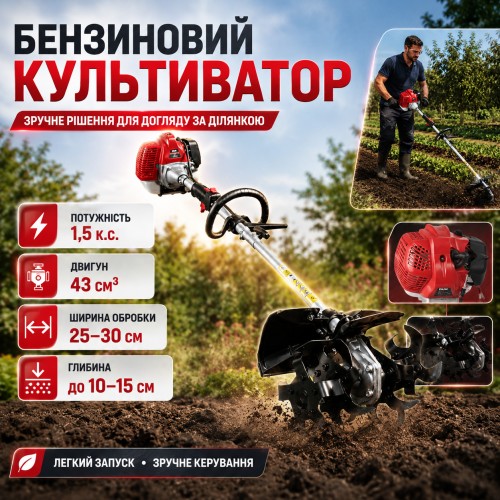 Бензиновий ручний культиватор 43 см3, Червоний/Мітокультуратор для саду/Мітокоса з редуктором/Фреза бензинова