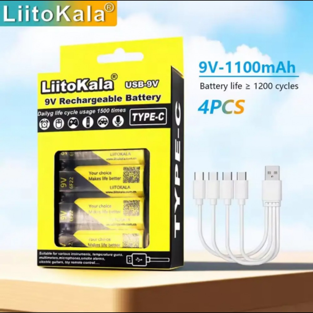 Набор аккумуляторов LiitoKala Lii-USB-9V 4 шт 1100 мАч с USB Type-C с кабелем зарядки