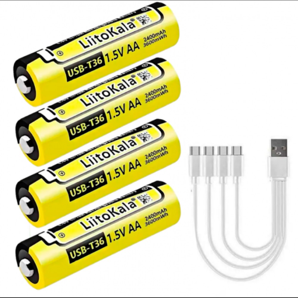 Набор аккумуляторов LiitoKala USB-T36 (4xAA 2400mAhh, 1.5V), 4 в 1 Type-C с кабелем зарядки
