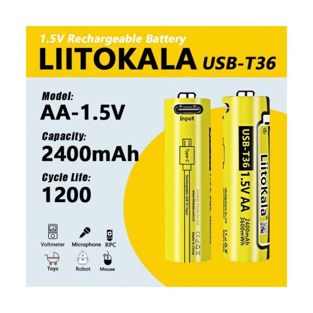 Аккумулятор AA, LiitoKala T36 1.5V, Type C разъем 2400mAh, ОРИГИНАЛ