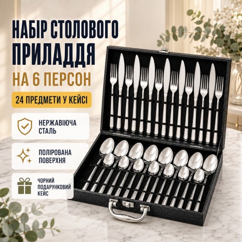 Набір столових приборів із неіржавкої сталі, 24 предмети, у кейсі, Чорний/Набір для сервірування/полові прилади у валізі
