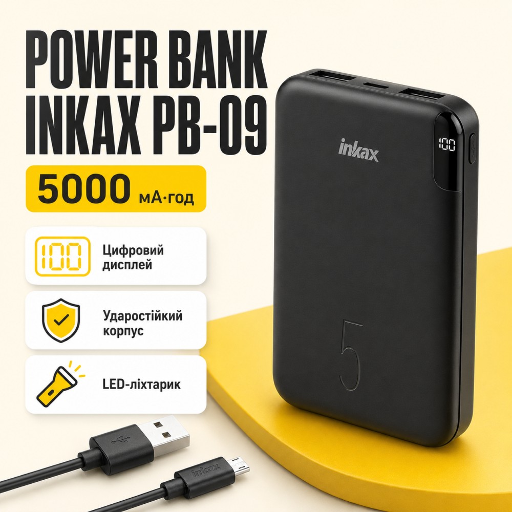 Портативний зарядний пристрій Inkax PB-09 AmmuNation 5000 mAh LED індикатор Li-Ion, Micro/Type-C, USB-A, універсальна батарея