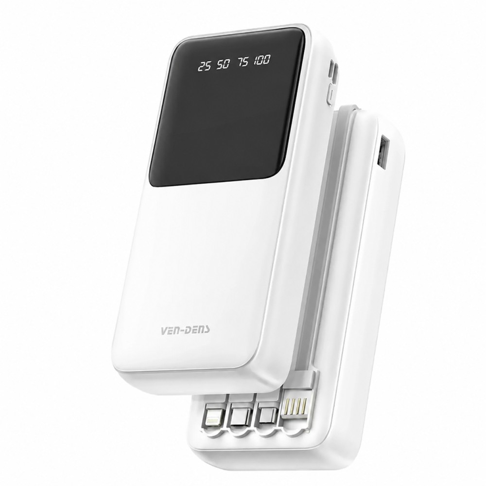 Зовнішній акумулятор 20000mAh з кабелями (Lightning, Type-C, Micro) Ven-Dens VD-PB046, Білий / Повербанк / Зовнішній акумулятор Де