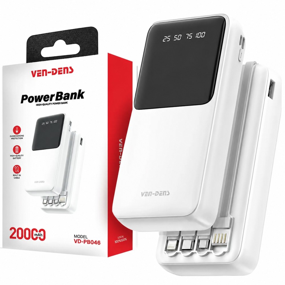 Зовнішній акумулятор 20000mAh з кабелями (Lightning, Type-C, Micro) Ven-Dens VD-PB046, Білий / Повербанк / Зовнішній акумулятор Де