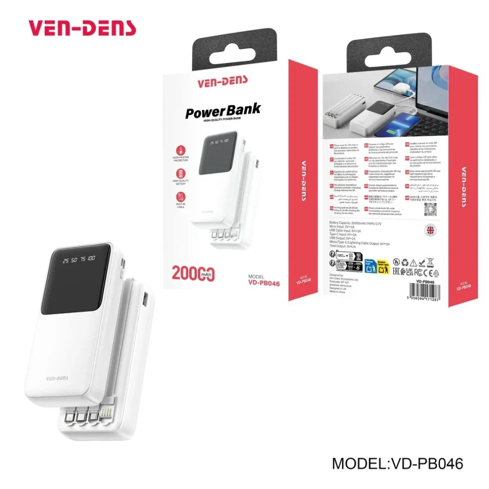 Зовнішній акумулятор 20000mAh з кабелями (Lightning, Type-C, Micro) Ven-Dens VD-PB046, Білий / Повербанк / Зовнішній акумулятор Де