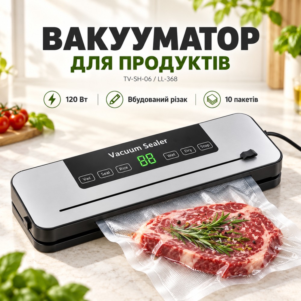 Вакууматор для продуктів 120W з вбудованим різаком і 10 пакетами TV-SH-06/LL-368