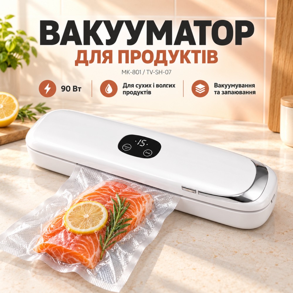 Вакууматор MK-801 90 Вт Вакуумний пакувальник TV-SH-07 для сухих і вологих продуктів із запаюванням пакетів