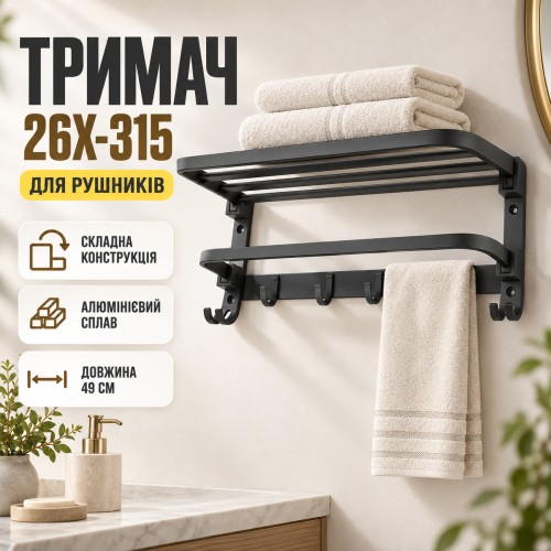 Складний тримач для рушників з гачками, 49см, 26X-315, Чорний / Вішалка для рушників / Тримач настінний