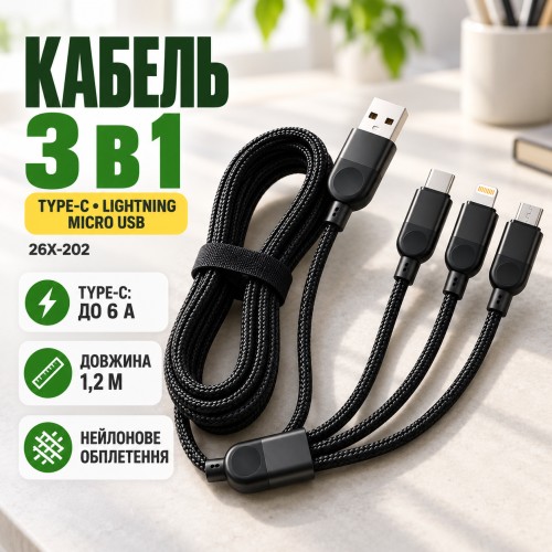 Кабель 3 в 1 для заряджання USB з роз'ємами Type-C, Lightning і Micro USB/кабель швидке заряджання до 6A 26X-202