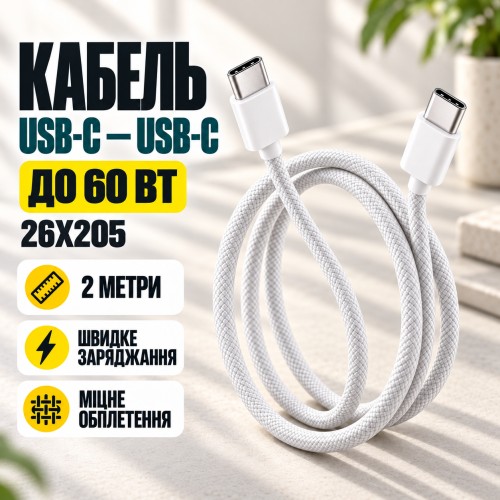 Кабель USB-C — USB-C 60W/Кабель 2 метри, для швидкого заряджання 26X205