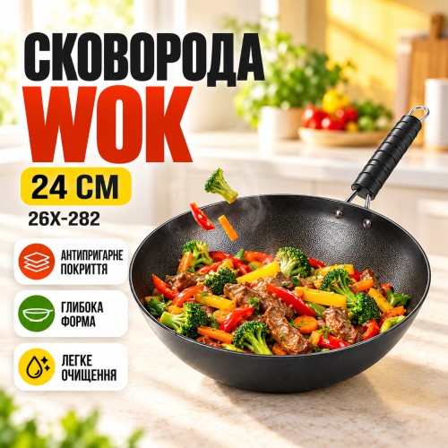 Сковорода Wok 24 см 26X-282 антипригарна Чорна