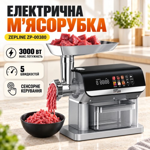 Потужна м'ясорубка із сенсорним керуванням 3000 Вт Соковичавниця шатківниця, насадка для ковбаси та фаршу Zepline ZP-00380