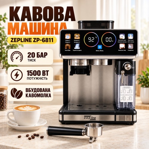 Кавомашина автоматична Zepline ZP-6811 20Bar з вбудованою кавомолкою 1500 Вт Чорний