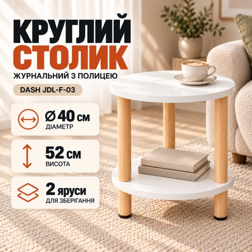 Журнальний столик Dash JDL-F-03 круглий з полицею пришитий двоярусний 40×40×52 см Білий