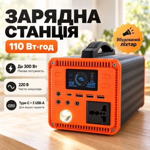 Зарядна станція 110Wh 300W чиста синусоїда Type-C з ліхтарем