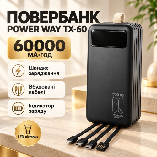 Павер банк Power Bank Power Way 60000 mAh з 4 вбудованими кабелями Чорний (1000-TX-60Q)