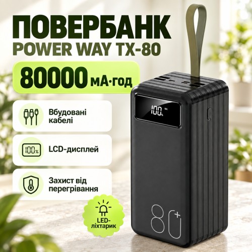 Павербанк підвищеної ємності з ліхтариком і дротами Powerbank TX-80 Torima 80000 mAh