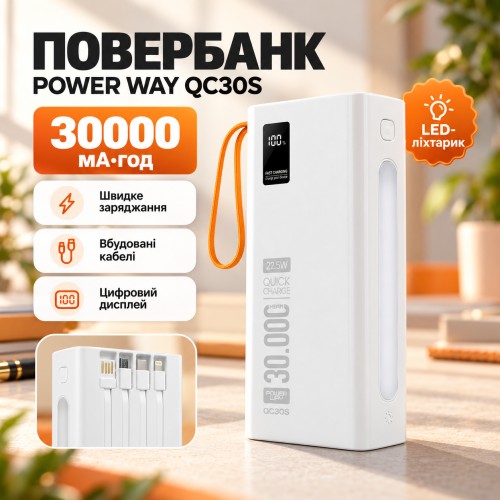 Повербанк для роутера POWER WAY QC30S 30000 mAh 22.5W Білий (QC30S)