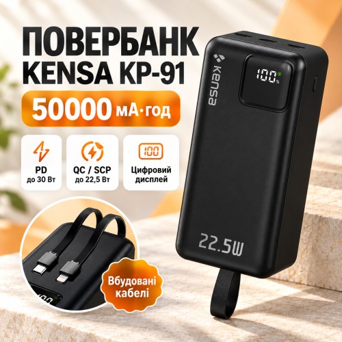 Портативний powerbank з дисплеєм 50000 mAh Kensa павербанк швидка зарядка з вбудованими кабелями 22.5W Чорний