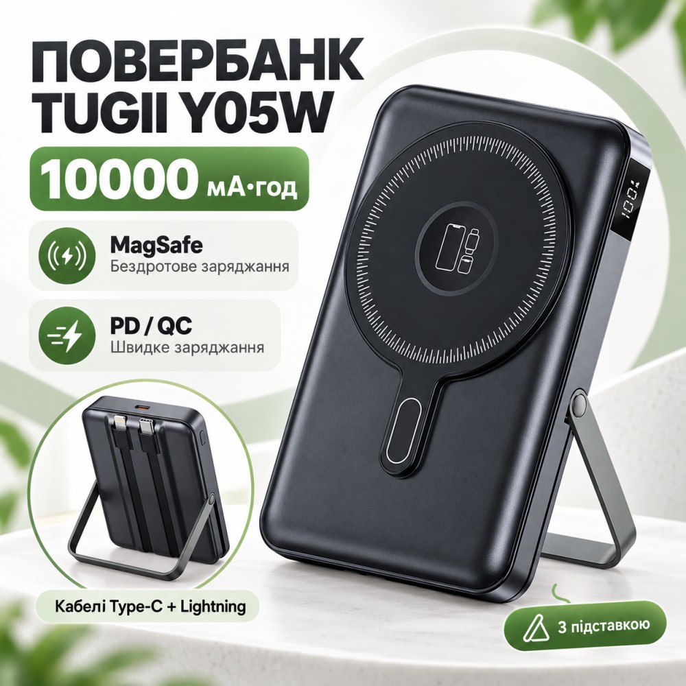 Магнітний повербанк 10000 мА·год з вбудованими кабелями Type-C + Lightning, роз'єм Type-C, TUGII Y05W, Чорний Power Bank