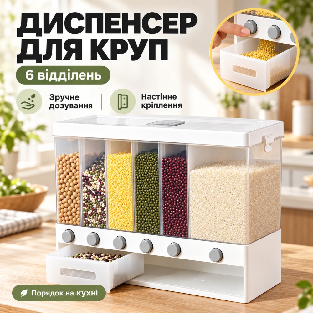 Диспенсер для сыпучих продуктов с дозатором, 6 отделений / Кухонный органайзер с мерным контейнером / Контейнер для хранения круп