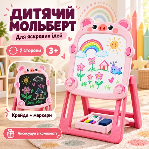Розовый Детский мольберт для творчества и учебы с набором для рисования / Доска для рисования