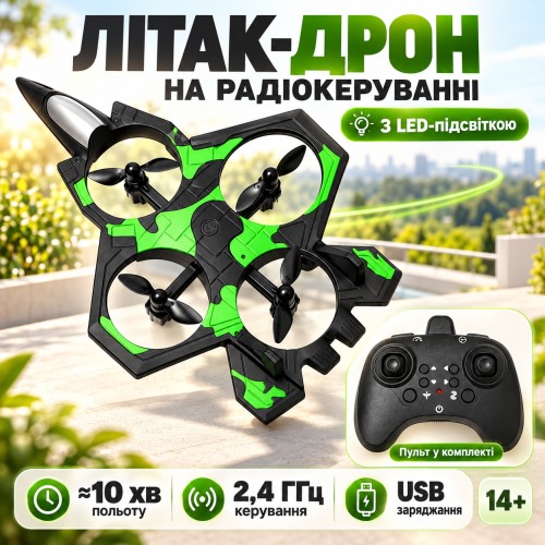 Радіокерований літак-дрон із підсвіткою, до 10 хв, USB, Зелений/Міжний літак винищувач на радіокеруванні