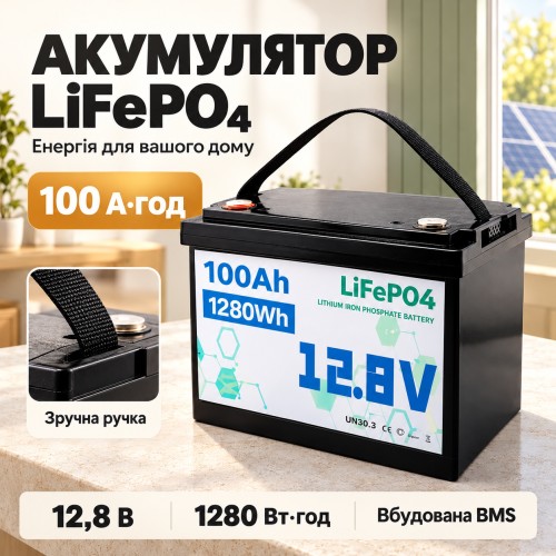Акумулятор LiFePO4 12 V 100 Ah 1280Wh для сонячних панелей і ДБЖ, Чорний/титячий акумулятор/ Батарея LiFePO4 12 вольтів 100 А