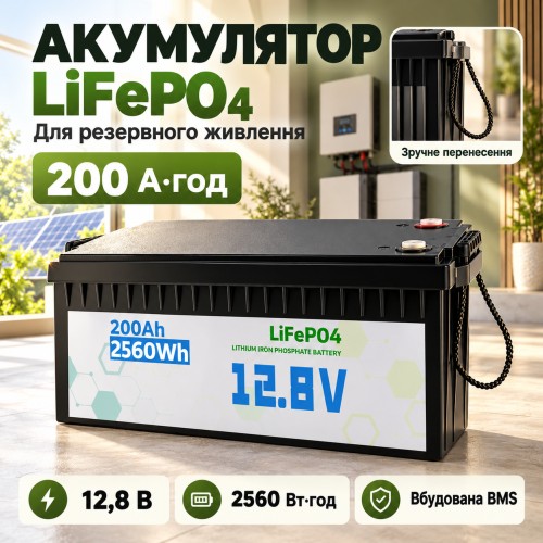 Літієвий акумулятор LiFePO4 12.8 В 200 А·год 2560 Вт·год АКБ для інвертора ДБЖ і резервного живлення