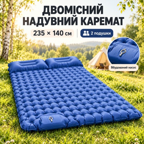 Двомісний надувний каремат з подушкою (235х140см), Темно-синій / Похідний матрац для сну