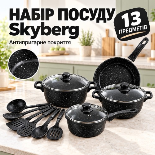 Набір посуду Skyberg, 13 предметів — чорний з антипригарним покриттям 26X-474