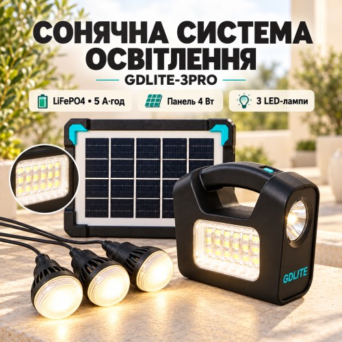 Ліхтар LED GDLITE (GD-3PRO) (Сон. панель 5V/4W; акум-LiFePO4 3,2V/5Ah; 3 лампы LED)
